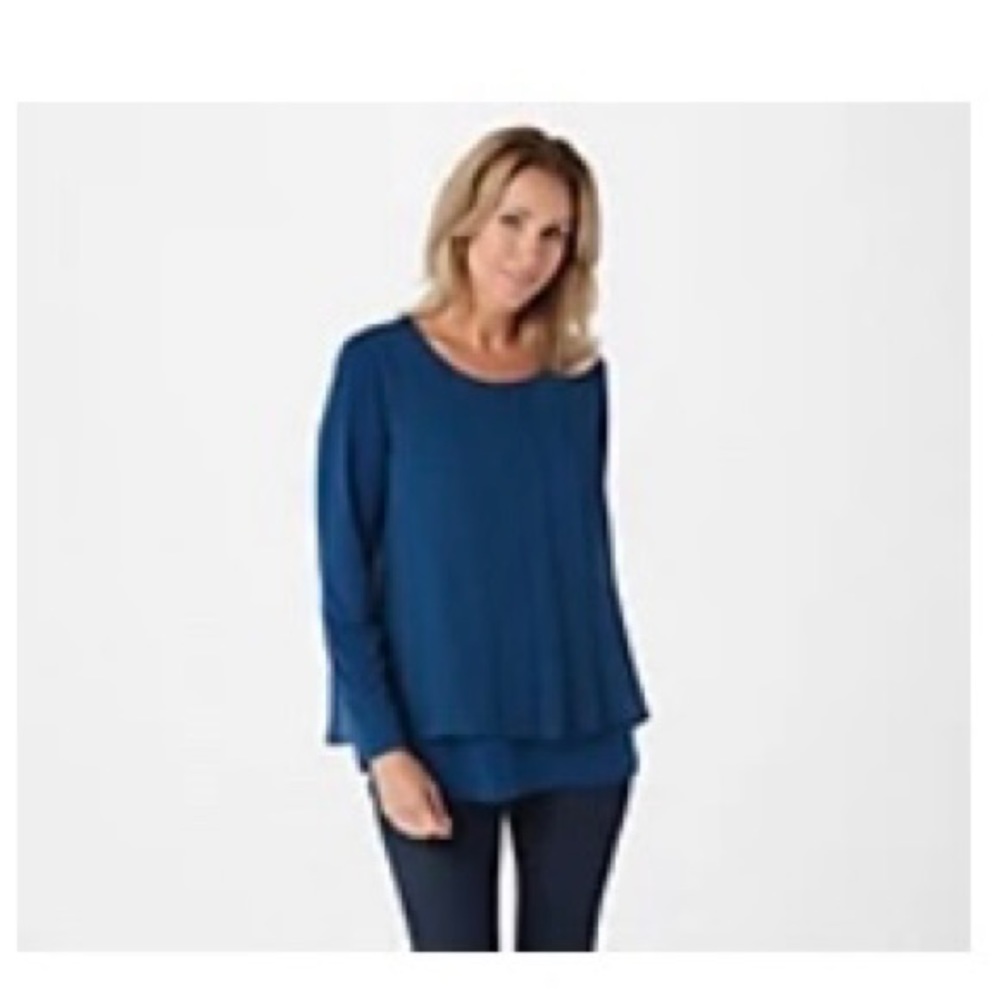 Susan Graver Liquid Knit Top with Chiffon overlay